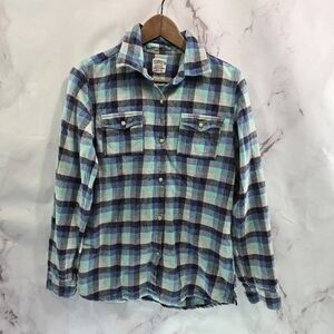 Gramicci Shirt Women Medium Blue Green Black Flannel Plaid Button Up Pearl Snap